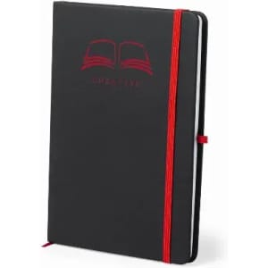 A black notebook with a red elastic band and a logo on the cover, featuring an image of two open books.