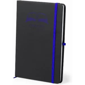 A black notebook with a blue elastic band, featuring a logo on the cover.
