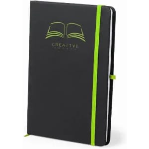 A black notebook with a green elastic band and a logo featuring an open book on the cover.