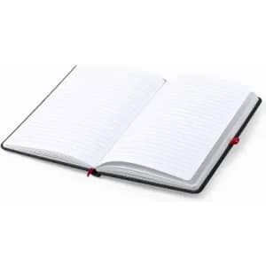 A black notebook with an open spine and blank white pages, featuring a red ribbon bookmark.