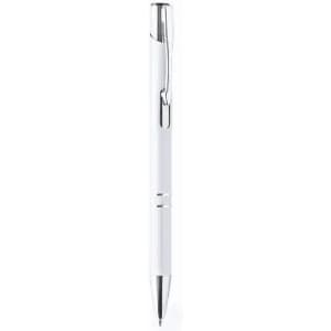 A pen in white with chrome accents and a clip. The pen features a sleek, modern design.