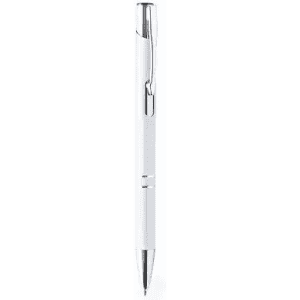 A white pen with a chrome clip and detailing, featuring a sleek and modern design.