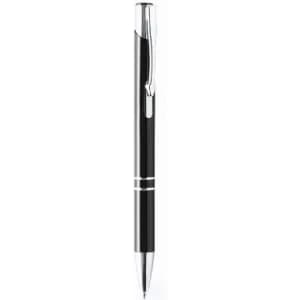 A sleek black pen with chrome accents, featuring a retractable design and clip for easy carrying.