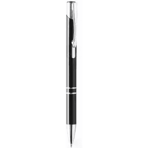 A black pen with a shiny silver clip and accents, featuring a sleek design and a logo on the body.