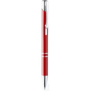 A red pen with a shiny silver clip and accents, featuring a sleek design and a clear barrel.