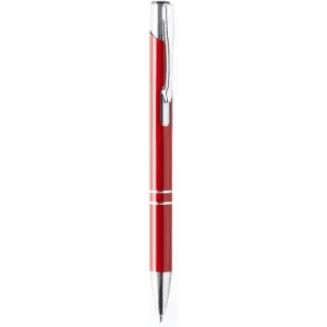 A red pen with a shiny silver clip and trim, featuring a sleek, smooth design.