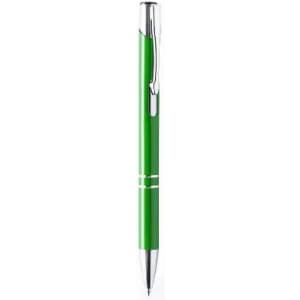 A green pen with a silver clip and accents, featuring a sleek design and a shiny finish.