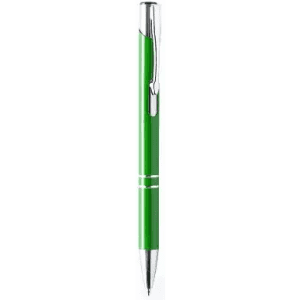 A green pen with a chrome clip and silver accents. It features a sleek, modern design.