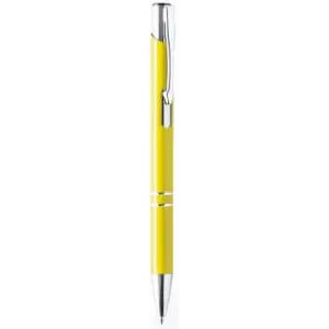 A yellow pen with a chrome clip and details, featuring a sleek and simple design.