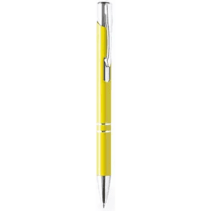 A yellow pen with a chrome clip and detailing, featuring a sleek design. It has a shiny finish and is upright.