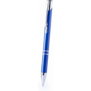 A blue pen with silver accents, featuring a clip and a smooth tapered design.