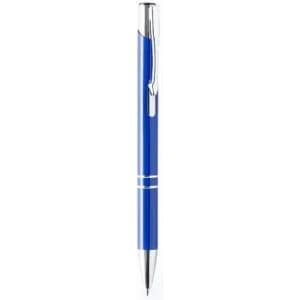 A blue pen with a chrome clip and detailing, featuring a smooth design and sleek finish.