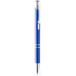 A blue pen with a shiny chrome clip and silver accents, featuring a smooth barrel design.
