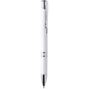 A pen with a white barrel and silver accents, featuring a clip and a smooth ballpoint tip. It has a logo on the side.