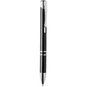 A black pen with a chrome trim and a clip, featuring a sleek design and a glossy finish.