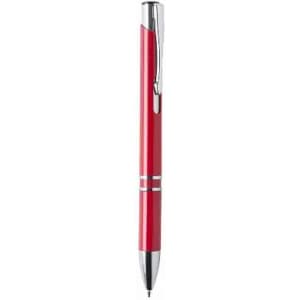 A red pen with a silver clip and accents, featuring a sleek design. It has a shiny finish and a branded logo.