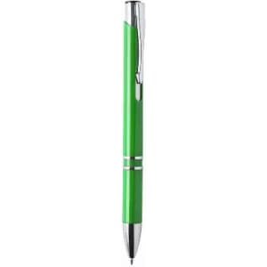 A green pen with silver accents and a clip, featuring a smooth, sleek design.