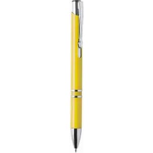 A yellow pen with silver accents and a sleek design, featuring a clip for easy attachment.