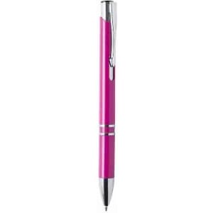 A pink pen with silver accents and a clip, featuring a shiny finish.