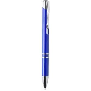 A blue pen with a silver clip and detailing, featuring a sleek design and a logo on the body.