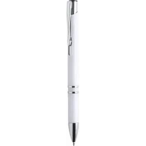 A white pen with chrome accents and a clip on top, featuring a smooth, sleek design.