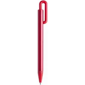 A red pen with a unique hanging loop design and a smooth writing tip.