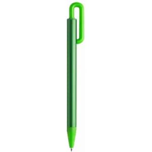 A green pen with a unique hook design and a pointed tip, featuring a simple branding logo.