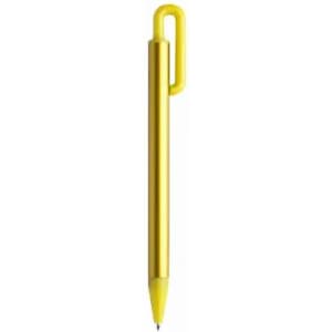 A yellow pen with a unique clip design and a smooth, pointed tip. It has a glossy finish.