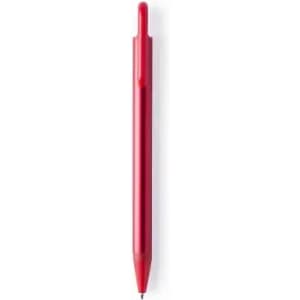 A red pen with a smooth finish and a clip on the side, featuring a pointed tip for writing.