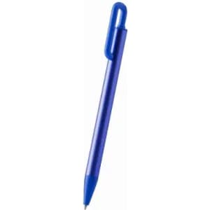 A blue pen featuring a clip at the top and a smooth barrel design. It has a logo on the barrel.