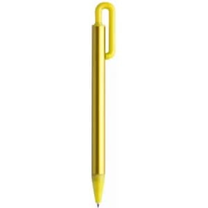 A yellow pen with a unique clip design. The pen features a smooth barrel and a fine tip.