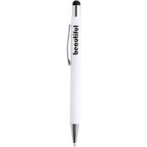 A white pen with a silver clip and a black stylus tip, featuring the word "beautiful" in black.
