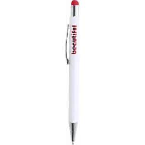 A white pen with a red top and the word "beautiful" written in red. It features a clip and a shiny silver tip.