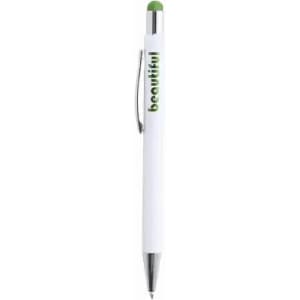 A white pen with a green stylus tip and green accents, featuring the word "beautiful" in lowercase letters.