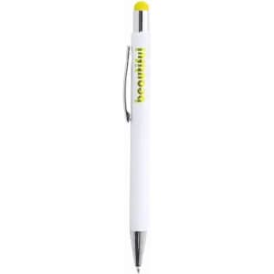 A white pen with a yellow top and clip, featuring a logo on its body.