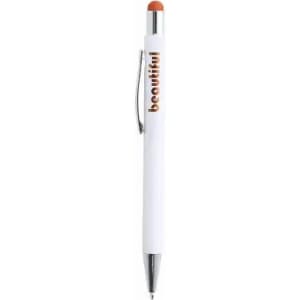 A white pen with a silver clip and an orange tip, featuring the word "beautiful" in an elegant font.