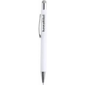 A white pen with a silver clip and a rubber tip at one end, featuring a logo.