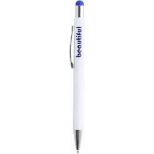 A pen with a white barrel, blue accents, and the word "beautiful" printed in blue. It has a silver clip and tip.