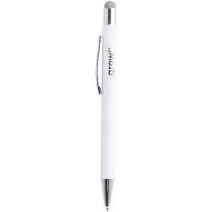 A white pen with a silver clip and a stylus tip. It features a branding logo.