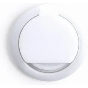 A product with a round, white design featuring a flip-top lid and a circular base. The product includes a logo.