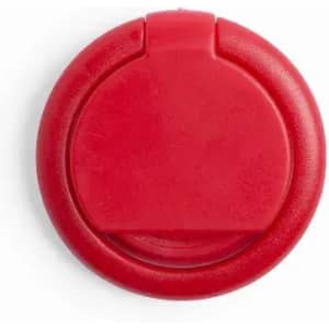 A red drink bottle cap with a smooth finish and a circular design, featuring a logo on the top.