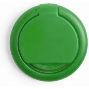 A green drink bottle lid with a sealed top and a circular design, featuring a branding logo.