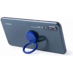 A phone with a blue ring stand on a dark green back cover. The device features a camera and branding.