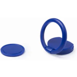 A blue promotional product featuring a circular design with a ring and a flat disc.