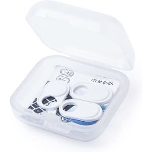 A clear case containing various mobile device camera lens covers in white and blue. It features a branding logo.
