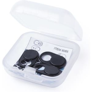 A set of black camera lens covers in a transparent case. Contains three items.