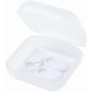 A clear container opened, revealing three white circular objects inside. The container has a sleek, rounded shape.