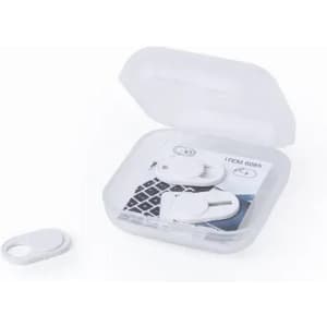 A white case containing wireless earbuds with a small accessory. The case is slightly transparent.
