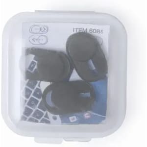 A small transparent case containing three black silicone keyboard covers. The case has a simple logo on it.