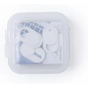 A set of white earphones in a transparent storage case, featuring a logo on the packaging.